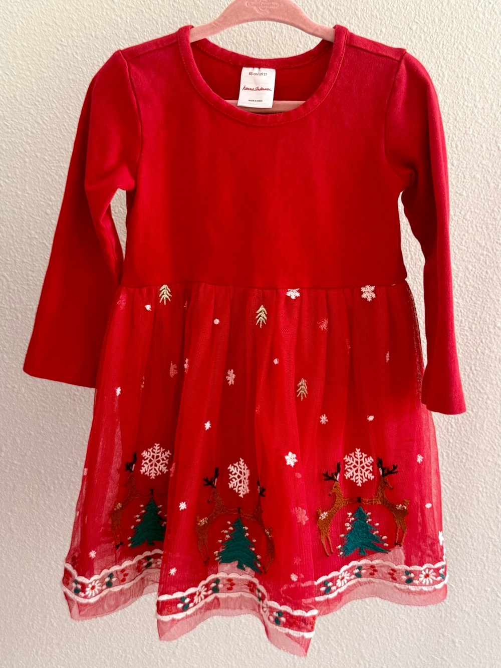 Hanna Andersson Red Long-Sleeve Holiday Tulle Dress with Green Tree Embroidery